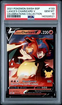 PSA 10 GEM MINT Pokemon Celebrations Lance’s Charizard V Promo Card SWSH133 - Image 1