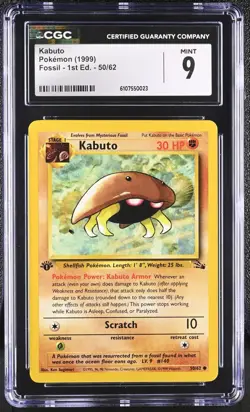 CGC MINT 9 Pokemon Kabuto 50/62 1999 Fossil 1st Edition - Image 1