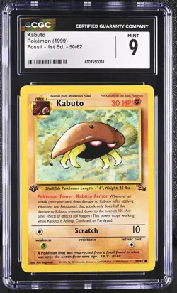 CGC MINT 9 Pokemon Kabuto 50/62 1999 Fossil 1st Edition - Image 1