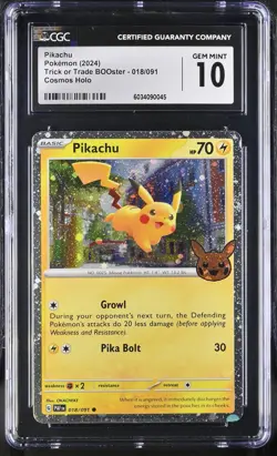 CGC 10 GEM MINT Pikachu 018/091 COSMOS HOLO Trick Or Trade Pokemon Card 045 - Image 1