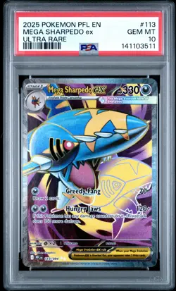 2025 POKEMON PFL EN-PHANTASMAL FLAMES ULTRA RARE #113 MEGA SHARPEDO EX PSA 10 - Image 1