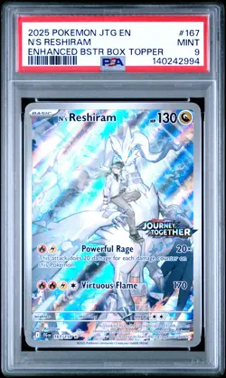 2025 POKEMON JTG ENHANCED BOOSTER BOX TOPPER #167 N'S RESHIRAM PSA 9 - Image 1