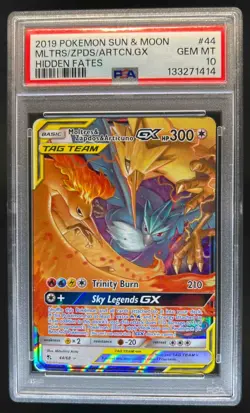 2019 Pokemon SM Hidden Fates Moltres & Zapdos Articuno Tag Team GX #44/68 PSA 10 - Image 1