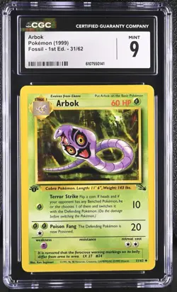 CGC MINT 9 Pokemon Arbok 31/62 1999 Fossil 1st Edition - Image 1