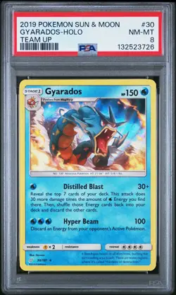 2019 POKEMON SUN & MOON TEAM UP #30 GYARADOS-HOLO PSA 8 - Image 1