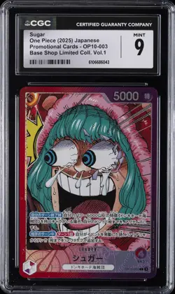 2025 ONE PIECE PROMO CARDS JPN BASE SHOP LTD COLL VOL.1 #OP10-003 SUGAR CGC 9 - Image 1