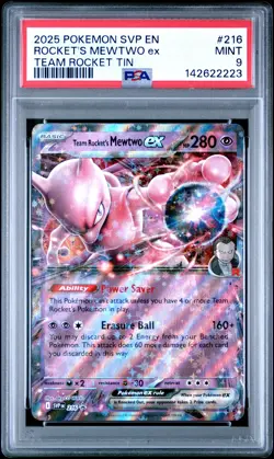 2025 POKEMON SVP TEAM ROCKET TIN PROMO #216 TEAM ROCKET'S MEWTWO EX PSA 9 - Image 1