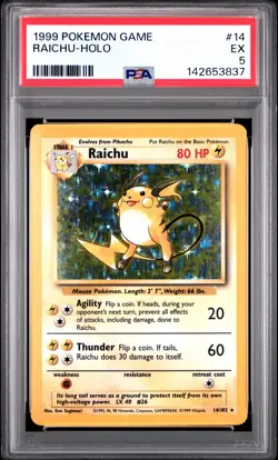 1999 POKEMON BASE SET UNLIMITED #14 RAICHU-HOLO PSA 5 - Image 1