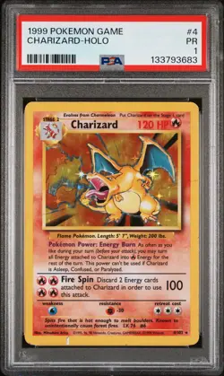1999 POKEMON BASE SET UNLIMITED #4 CHARIZARD-HOLO PSA 1 - Image 1