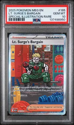 2025 Pokemon Mega Evolution Base #185 SIR Lt. Surge's Bargain PSA 10 Gem Mint - Image 1