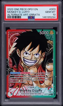 2022 ONE PIECE OP01-ROMANCE DAWN ALTERNATE ART-ERRATA MONKEY D. LUFFY PSA 10 - Image 1