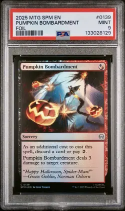 2025 MTG Marvel Spider-Man #139 Pumpkin Bombardment Foil PSA 9 NM-MT! - Image 1