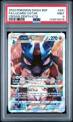 2023 POKEMON SWSH CROWN ZENITH ETB PROMO #291 FULL ART/LUCARIO VSTAR PSA 9 - Image 1
