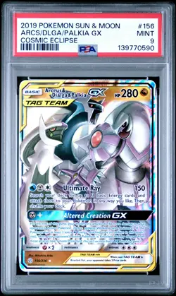 2019 POKEMON SUN & MOON COSMIC ECLIPSE #156 ARCEUS & DIALGA & PALKIA GX PSA 9 - Image 1