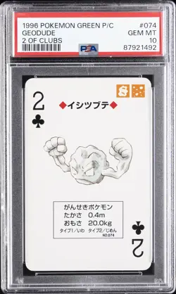 1996 POKEMON GREEN VERSION PLAYING CARDS 2 OF CLUBS #074 GEODUDE PSA 10 - Image 1
