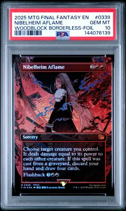 2025 MTG FINAL FANTASY WOODBLOCK BORDERLESS-FOIL #0339 NIBELHEIM AFLAME PSA 10 - Image 1
