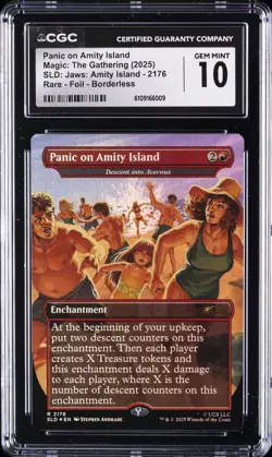 2025 MTG SLD RARE FOIL BORDERLESS #2176 PANIC ON AMITY ISLAND CGC 10 GEM MINT - Image 1