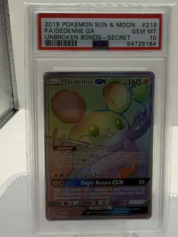 Pokemon TCG 2019 Dedenne GX 219/214 Sm-Unbroken Bonds Secret Rare Holo PSA 10 - Image 1