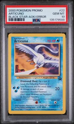 PSA 10 GEM MINT Articuno 22 TOSHINAO AOKI ERROR Promo Black Star Pokemon Card 88 - Image 1