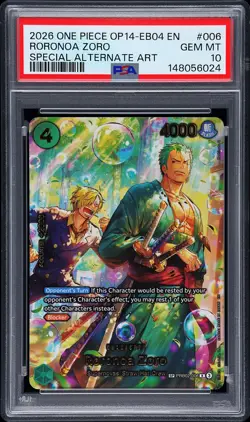 2026 ONE PIECE EB04-THE AZURE SEA'S SEVEN ALTERNATE ART #006 RORONOA ZORO PSA 10 - Image 1