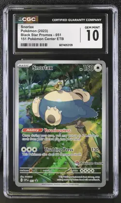 CGC 10 GEM MINT Snorlax 2023 Black Star Promos 151 Pokemon Center ETB 051 Card - Image 1