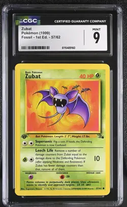 Pokemon Card Zubat 57/62 1st Edition Fossil 1999 CGC 9 MINT - Image 1