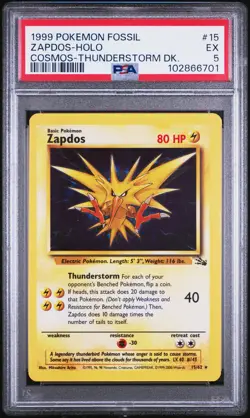 1999 POKEMON FOSSIL COSMOS-THUNDERSTORM DECK #15 ZAPDOS-HOLO PSA 5 - Image 1