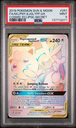 2019 POKEMON SM COSMIC ECLIPSE #261 FULL ART/MEGA-LOPUNNY & JIGGLYPUFF GX PSA 9 - Image 1