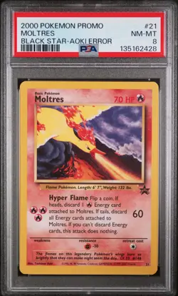 2000 POKEMON PROMO BLACK STAR TOSHINAO AOKI ERROR #21 MOLTRES PSA 8 - Image 1