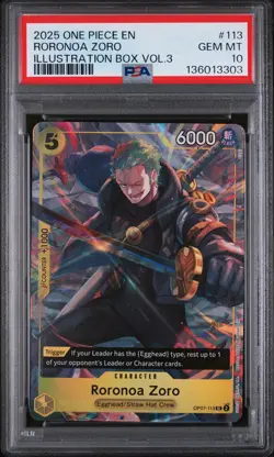 2025 ONE PIECE PROMOS ILLUSTRATION BOX VOL.3 #113 RORONOA ZORO PSA 10 - Image 1