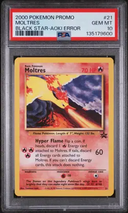 PSA 10 GEM MINT Moltres 21 TOSHINAO AOKI ERROR Promo Black Star Pokemon Card 600 - Image 1