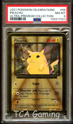 PSA 8 NM-MINT Pikachu 58/102 Gold METAL Classic HOLO PROMO Pokemon Card 323 - Image 1