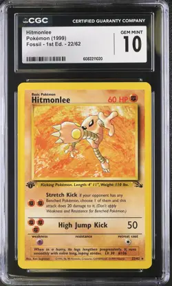 CGC 10 Hitmonlee 22/62 Rare 1st Edition Fossil Pokemon Card - Image 1