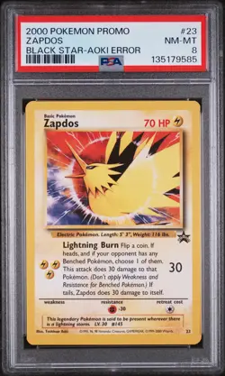 PSA 8 NM-MINT Zapdos 23 TOSHINAO AOKI ERROR Promo Black Star Pokemon Card 585 - Image 1