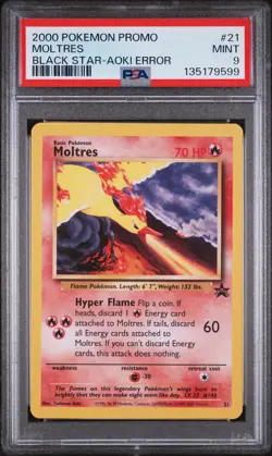 PSA 9 MINT Moltres 21 TOSHINAO AOKI ERROR Promo Black Star Pokemon Card 599 - Image 1