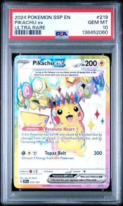 2024 Pokemon Surging Sparks Pikachu Ex #219 GEM MT PSA 10 Ultra Rare - Image 1