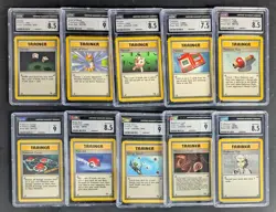 Lot (10) 1999 Pokemon Assorted CGC Graded Trainer Cards w/ Pokemon Flute - Image 1