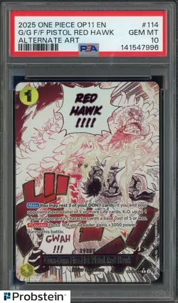 2025 One Piece OP11 EN Alternate Art #114 G/G F/F Pistol Red Hawk PSA 10 - Image 1