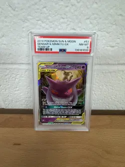 2019 POKEMON SUN & MOON TEAM UP #53 GENGAR & MIMIKYU GX PSA 8 - Image 1