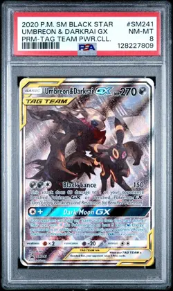 2020 Pokemon SM Black Star Umbreon & Garkrai GX Tag Team #SM241 PSA 8 - Image 1