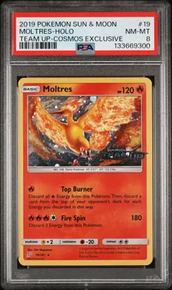 9300 Moltres 2019 Pokemon Sun & Moon Team Up #19 Cosmos Exclusive Promo PSA 8 - Image 1