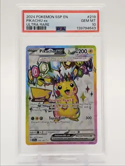 PIKACHU EX 2024 POKEMON SURGING SPARKS ULTRA RARE GEM 219/197 PSA 10 Q2262 - Image 1
