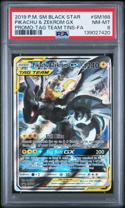 7420 Pikachu & Zekrom GX 2019 Pokemon Sun Moon Tag Team Promo #SM168 PSA 8 - Image 1
