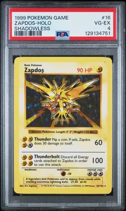 Pokemon 1999 Shadowless Holo Zapdos #16 PSA 4 - Image 1