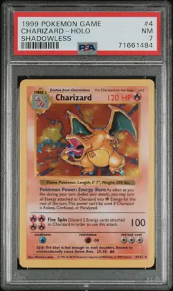 1999 POKEMON GAME SHADOWLESS #4 CHARIZARD-HOLO PSA 7 - Image 1