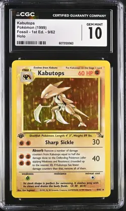 POKEMON CGC 10 Fossil Kabutops 9/62 Holo Rare 1st Edition *0063 - Image 1
