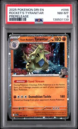 2025 POKEMON DRI EN-DESTINED RIVALS PRERELEASE TEAM ROCKET'S TYRANITAR PSA 8 - Image 1