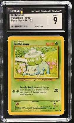 CGC MINT 9 Pokemon Bulbasaur 44/102 1999 Base Set Unlimited - Image 1