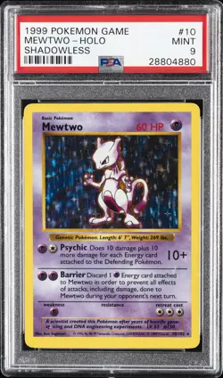 1999 POKEMON BASE SET SHADOWLESS #10 MEWTWO-HOLO PSA 9 - Image 1