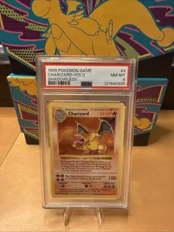 1999 POKEMON BASE SET SHADOWLESS #4 CHARIZARD-HOLO PSA 8 PRINT ERROR (HICKEY) - Image 1